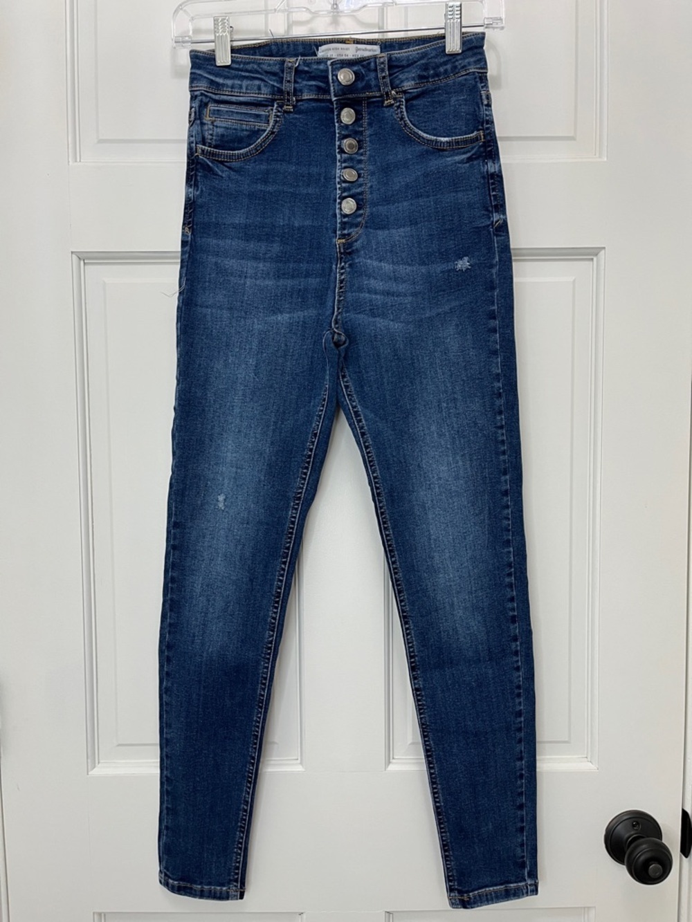 Stradivarius Super High Waist Dark Blue Button-Fly Denim Jeans - Size 6